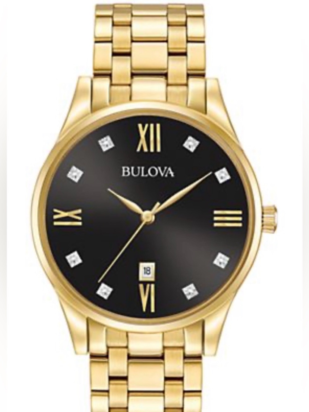 Bulova Gold and Black Men's Dress Watch with Roman Numerals diamond dial